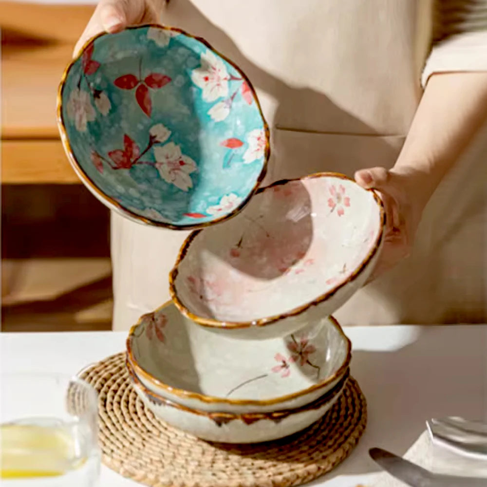 Assiettes plates creuses céramique style japonais motifs floraux
