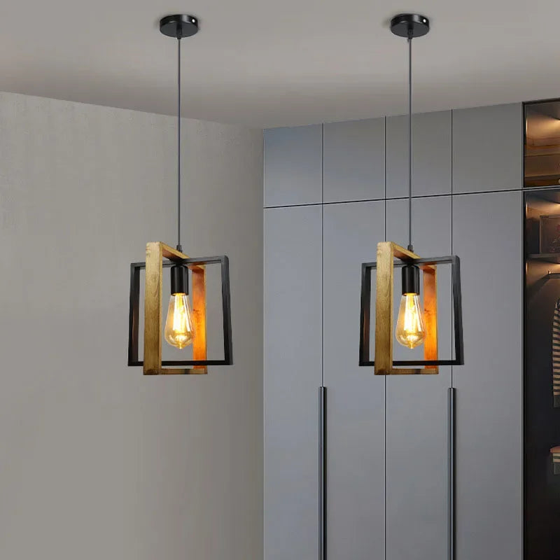 lustre rétro en fer et bois pour bar restaurant - vue 4 sur 7