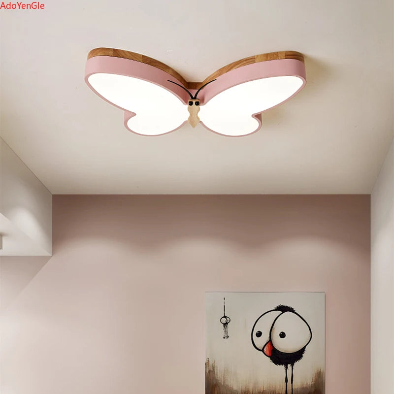 lustre moderne en bois avec papillon led pour enfants