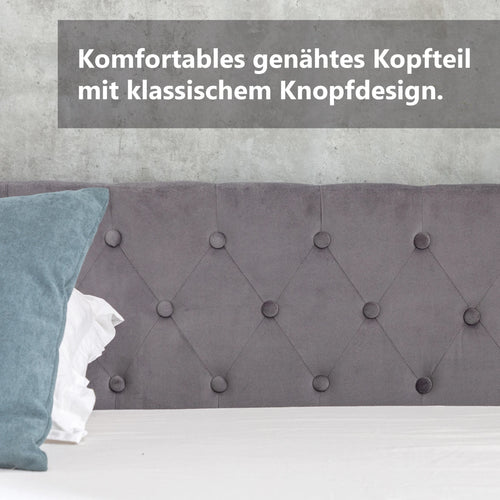 Upholstered Bed, Double Bed, Velvet Fabric, with Bed Box, Slatted Frame and Storage Space, Grey, 180 x 200 cm - vue 5 sur 7
