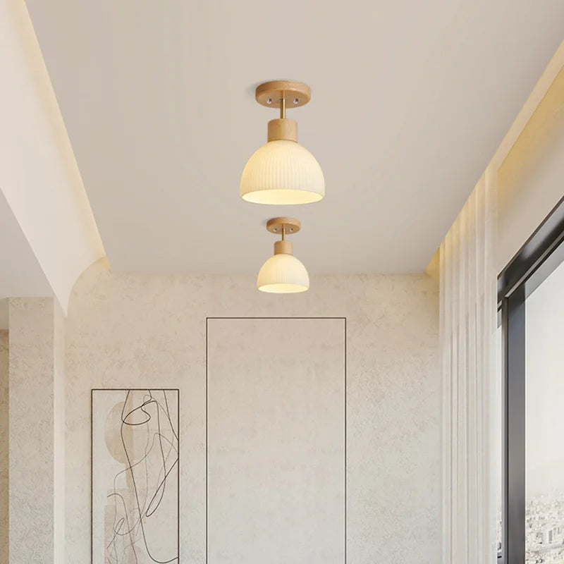 plafonnier nordique en bois et verre rayé design moderne luminaire décoratif - vue 6 sur 8