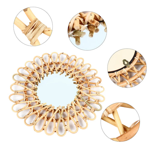 Wall Mirror, Round Wicker Rattan Decorative Mirror, Rustic Natural Rattan Wall Decor with Mounted Frame for Bathroom Hallway - vue 7 sur 7