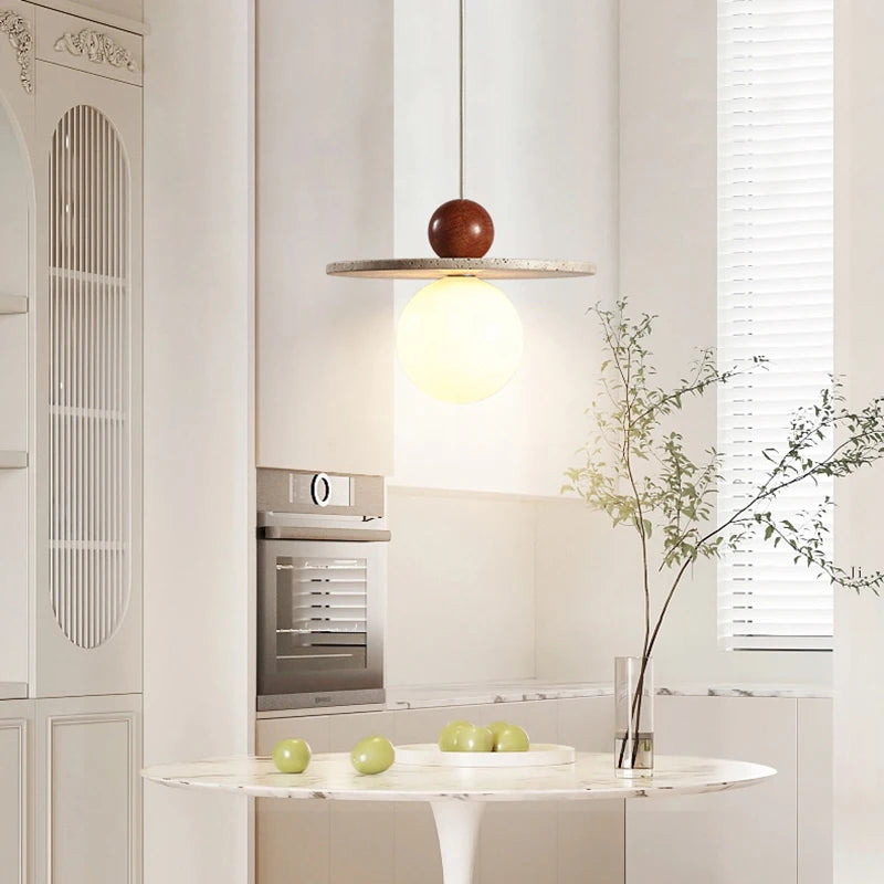 lustre rond en pierre et bois avec cordon réglable pour