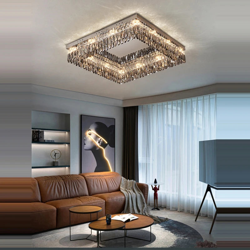 plafonnier led cristal doré chromé intensité variable design moderne - vue 5 sur 18