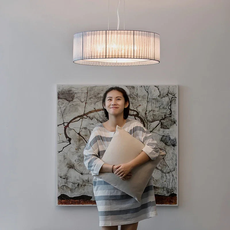 lustre nordique moderne en fer avec abat-jour tissu décoratif - vue 5 sur 6