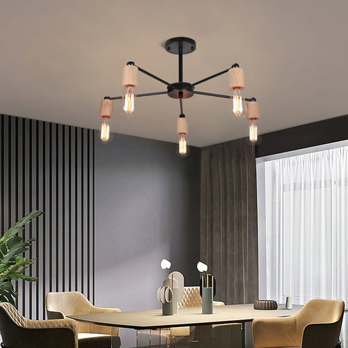lustre industriel moderne avec tiges multiples en fer et bois