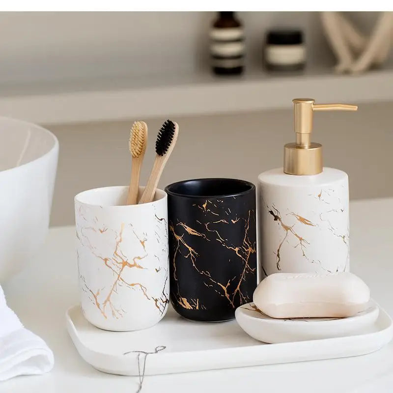 Black Marbled Bathroom Accessories Set, Ceramic Soap Dispenser, Toothbrush Holder, Box, Decoration