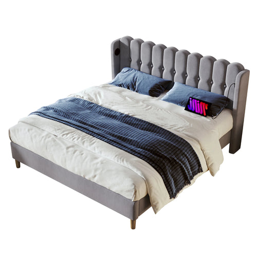 Cushion Bed Double with USB Type C Charging, Slatted Frame, Upholstered, Gray, 160x200 cm, Youth/Guest Room, Linen - vue 6 sur 6