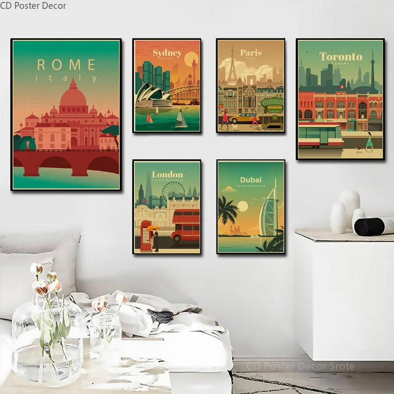 affiche rétro des villes du monde pour décoration murale