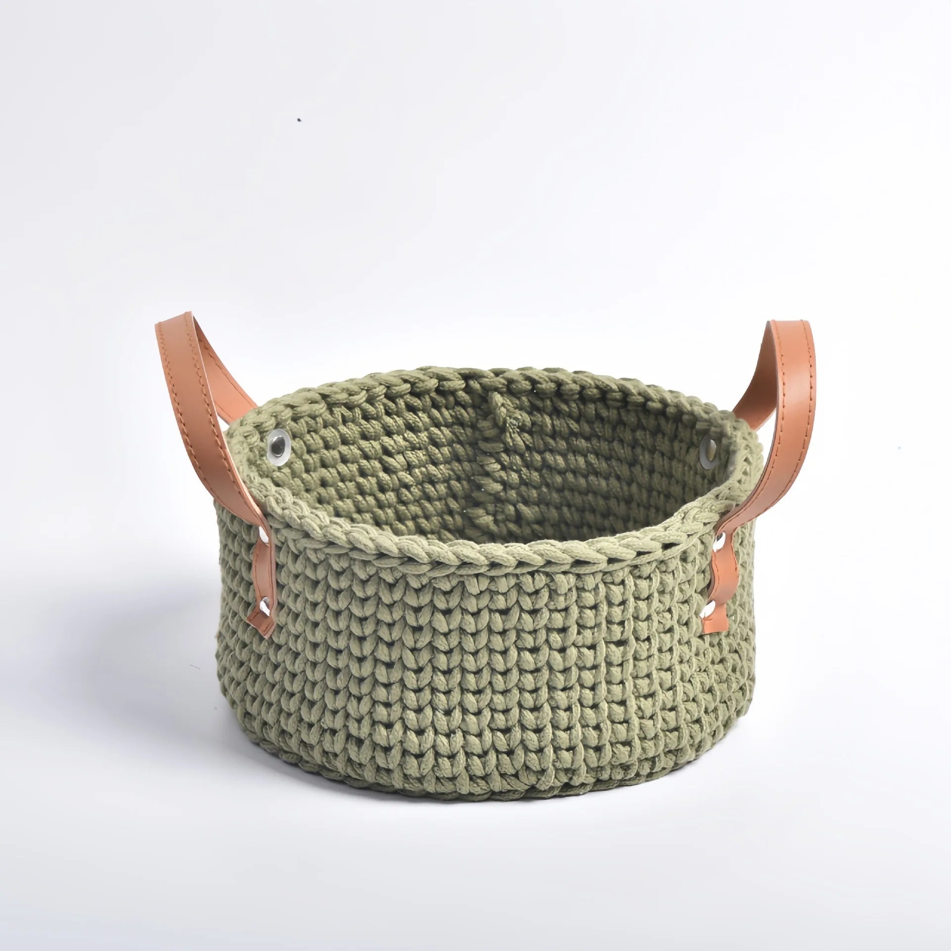 panier de rangement tricoté à la main en coton avec poignée en cuir - vue 14 sur 16