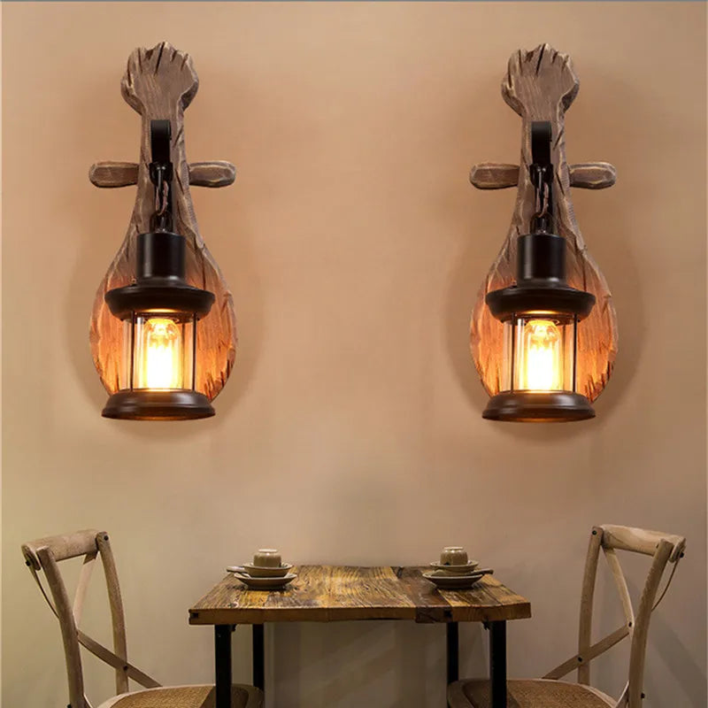applique murale vintage en bois avec abat-jour en verre et métal - vue 2 sur 16