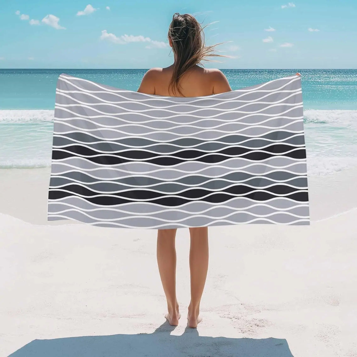 Serviette de plage motif vagues abstraites légère absorbante
