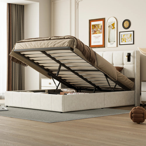 Single and Double Bed with Slatted Frame, Hydraulic Upholstered Storage Bed, Headboard with 2 Reading Light and USB Port, Velvet - vue 4 sur 8