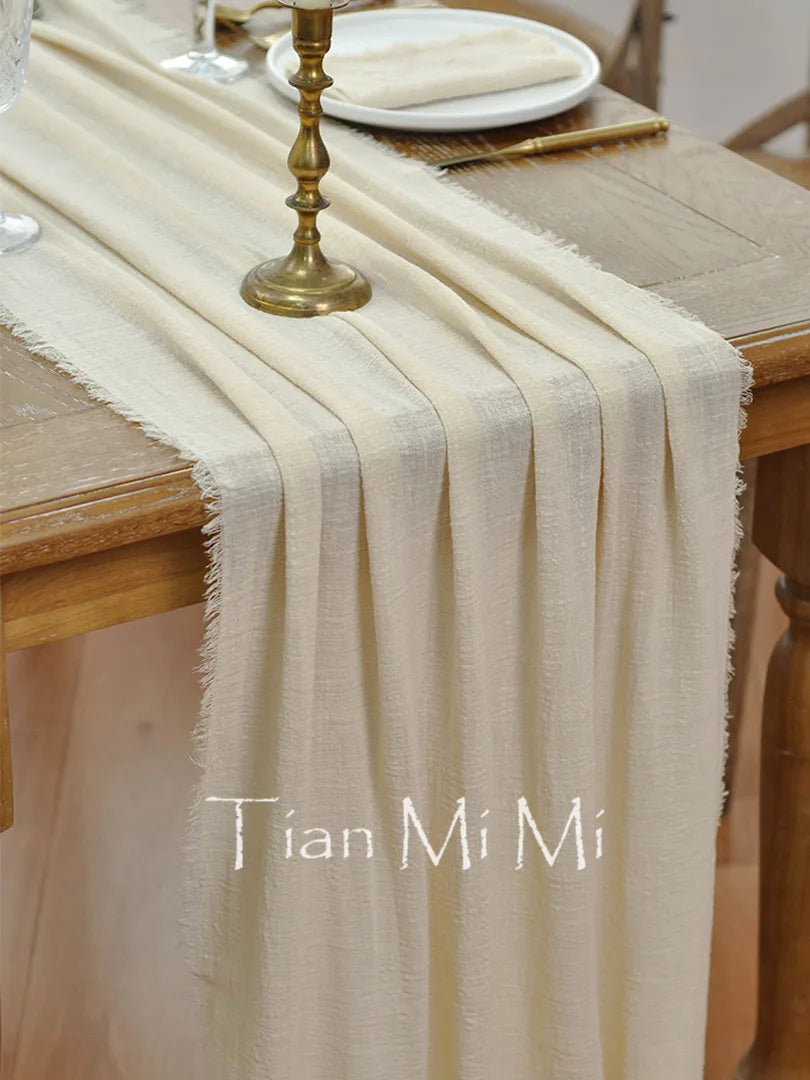 Chemin de table coton gaze vintage beige mariage - vue 2 sur 7