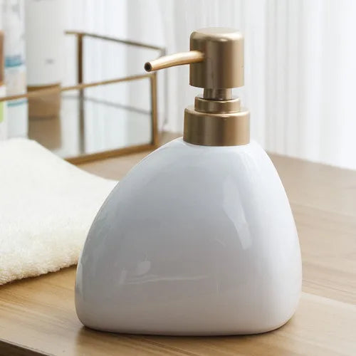 distributeur de savon en céramique avec pompe dorée pour salle de bain - vue 8 sur 17