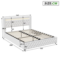 Upholstered Bed, Double Bed, PU Bedside Lamp, Hydraulic Functional Storage Bed, Headboard and Slatted Base, Padded Backrest