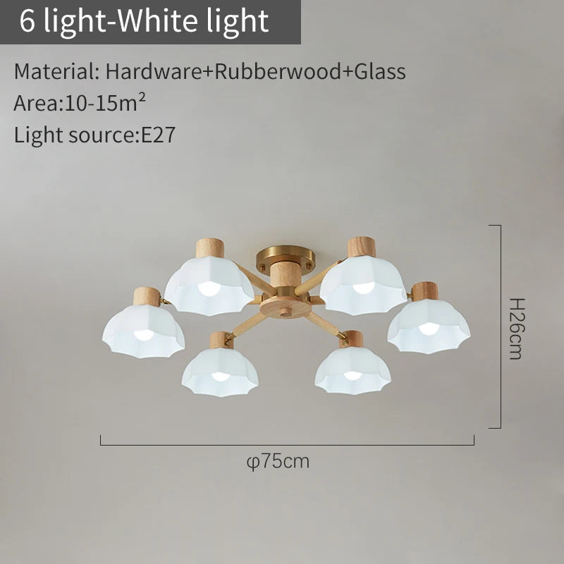 Nordische Deckenleuchten aus Kautschukholz mit Glaslampenschirmen für Wohnzimmer – Modern, Warmweiß und Kaltweiß, geeignet für Schlafzimmer - vue 10 sur 12