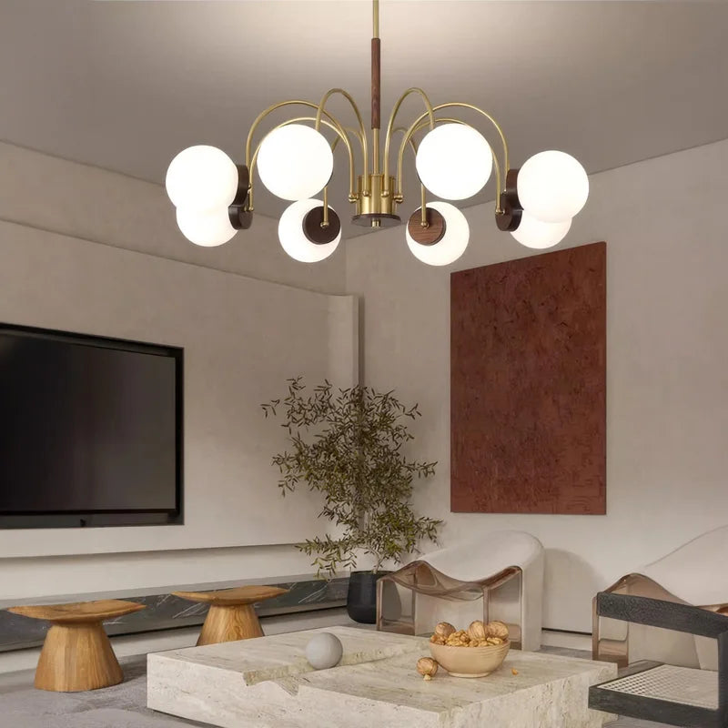 Walnut Wood chandelier lights, Wabi-sabi Modern style, Living Room lighting for Bedroom, Bedside, Living, Dining Room, Showcase - vue 6 sur 9