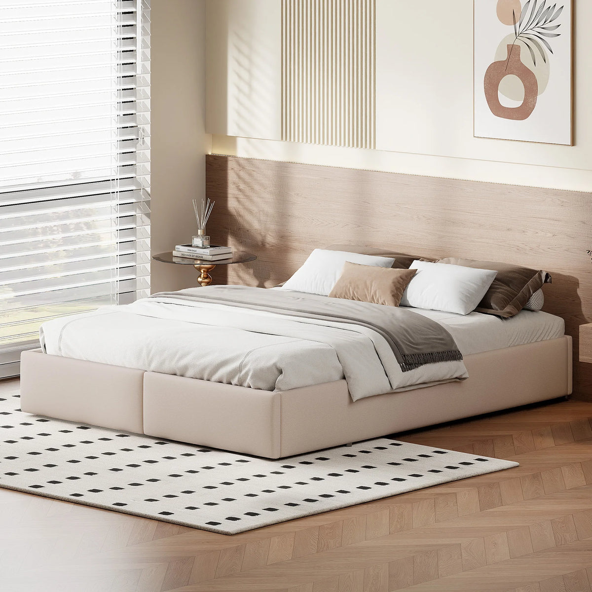 Upholstered Bed, Linen Fabric, without Headboard, Storage Bed, with Slatted Frame and 2 Storage Drawers, Beige, 140 x 200 cm