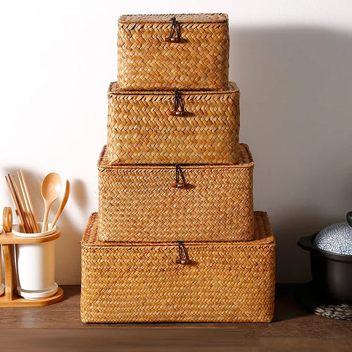 panier de rangement tissé en jonc de mer avec couvercle - vue 11 sur 13