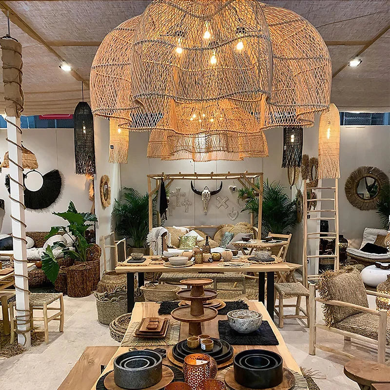 lampe suspendue rotin pétales main salon cuisine décor - vue 8 sur 13