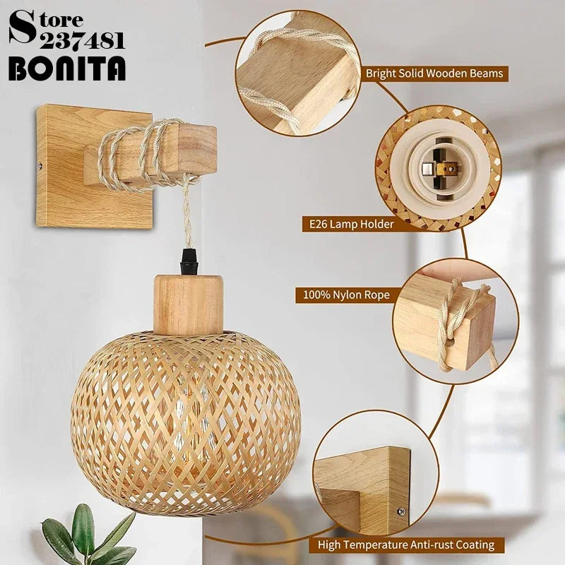 Wandleuchte aus Rattan und Holz im japanischen Stil für die Inneneinrichtung - vue 3 sur 8