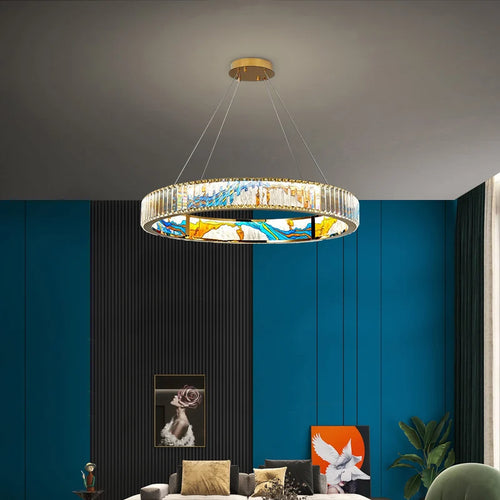 Moderner dimmbarer LED-Kronleuchter aus Stahl mit dekorativem Ring - vue 2 sur 14