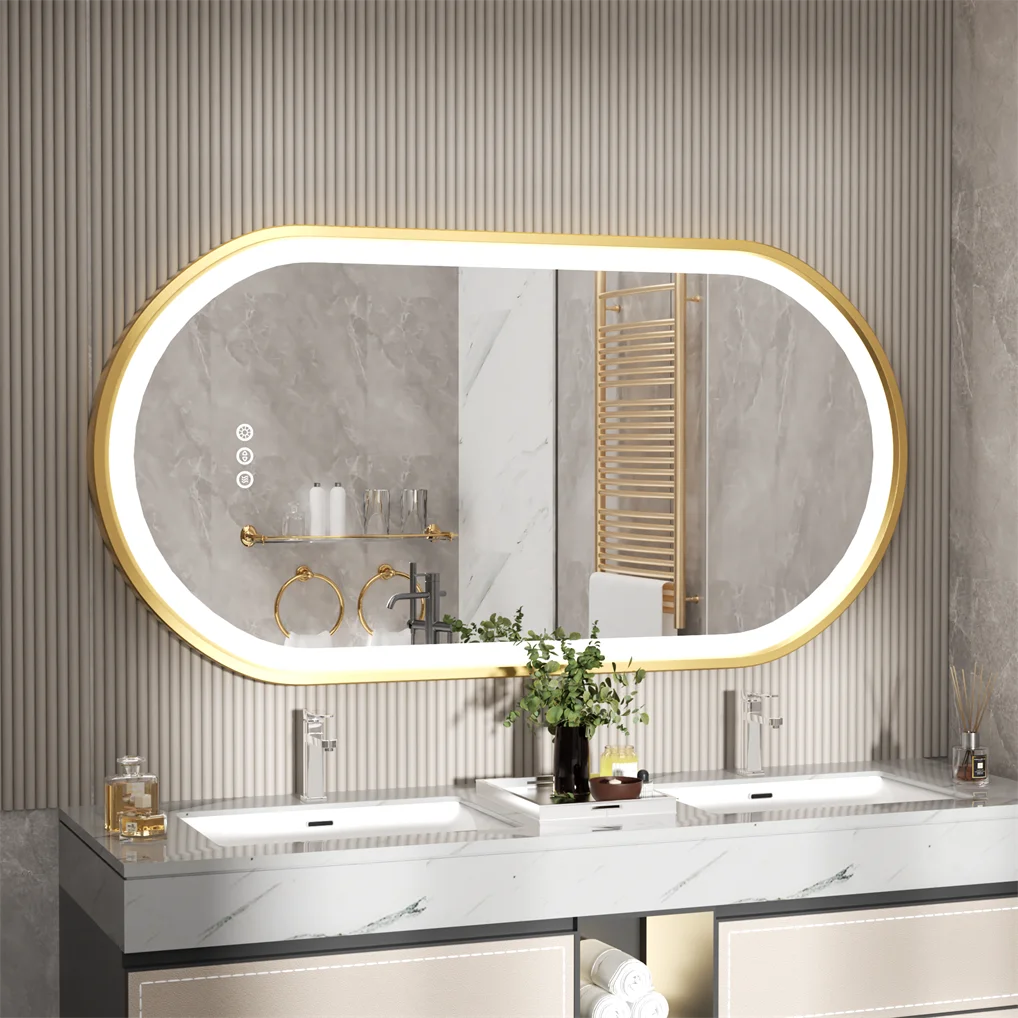 LED Bathroom Mirror Oval Illuminated Wall Mirror Aluminum Gold Frame Memory Anti-fog 3 Changeable Color, IP56 800/1000/1200MM