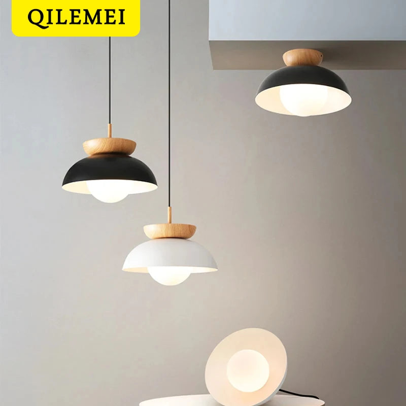 Suspension moderne à leds en bois avec abat-jour métal minimaliste