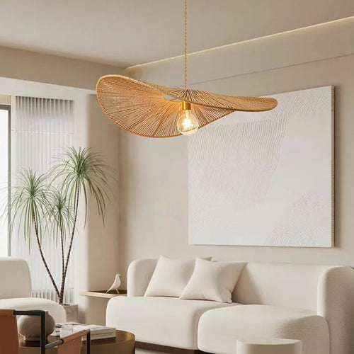 suspension en rotin tissé style asiatique pour éclairage intérieur - vue 2 sur 8
