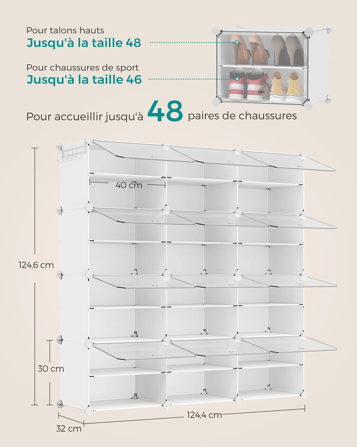 SONGMICS Étagère à Chaussures 12 Compartiments, Étagère de Rangement Modulable, Compartiment de 30 x 40 x 30 cm, Blanc - vue 5 sur 7