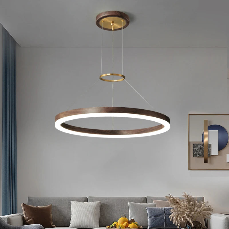 lustre Bois massif Led moderne noyer noir décoration maison - vue 3 sur 9