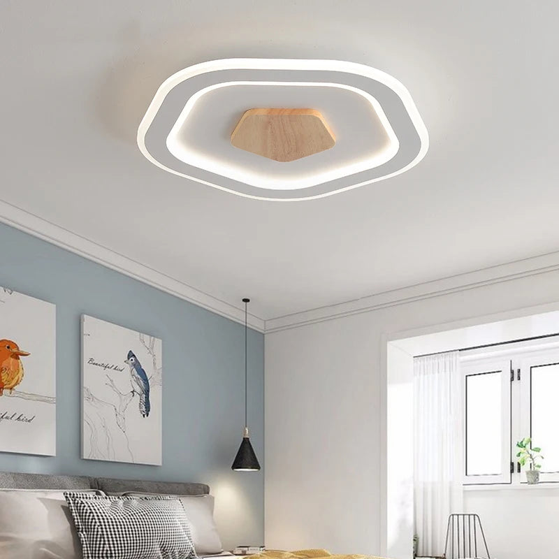 plafonnier led ultra-mince en bois massif style nordique moderne - vue 5 sur 12