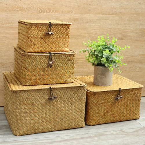 lot de 4 paniers en jonc de mer avec couvercle décoratifs et pratiques