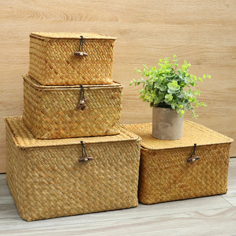 lot de 4 paniers en jonc de mer avec couvercle décoratifs et pratiques