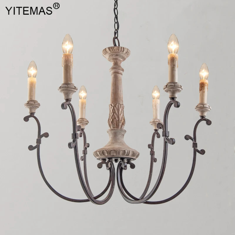 Lustre en bois rétro 4 lumières dans l'entrée chambre 6 lumières lustre français Style Vintage pour salon Foyer lampe à manger - vue 5 sur 8