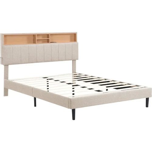 Bed frame bedroom furniture: headboard with storage and USB ports, full, grey modern upholstered platform bed - vue 7 sur 8