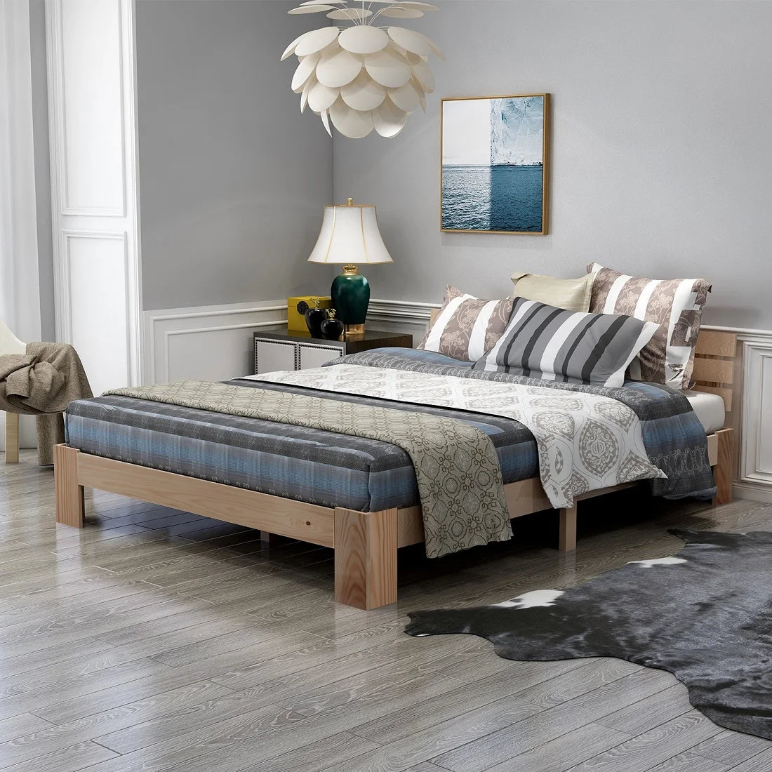 EU STOCK Wooden bed Double bed, headboard, slatted grille -200 x 140cm solid wood FSC Solid wood double bed - vue 5 sur 8