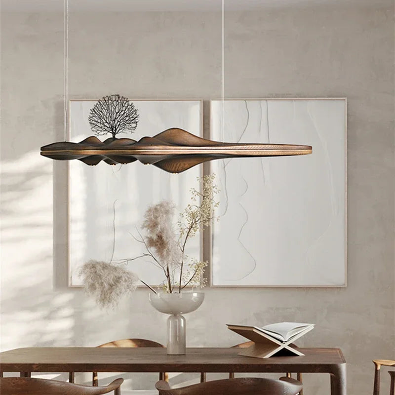 Lustre nordique moderne résine bois massif éclairage décoratif intérieur - vue 4 sur 9