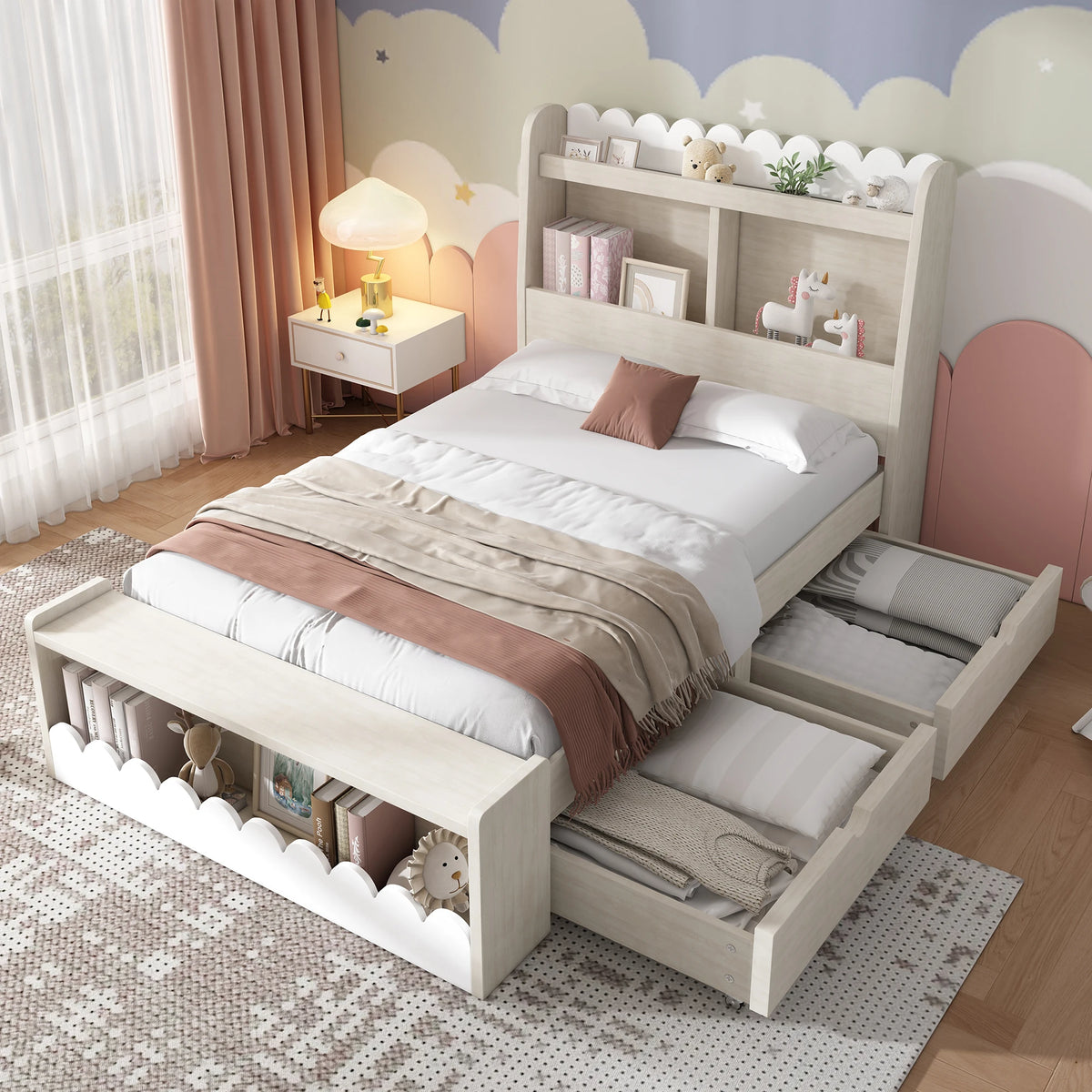 Children bed single bed storage bed with drawers, shelf and bench with storage space, wooden bed 90x200 cm, bed frame and slattenro