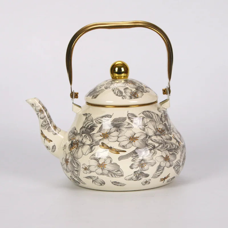 bouilloire vintage en émail motif floral poignée dorée