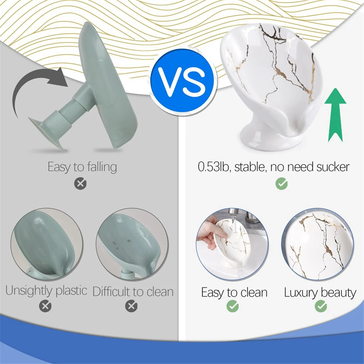 Soap Dish, Ceramic Soap Holder Self Draining Marble Look Leaf-Shape Soap Dishes for Bathroom,White - vue 5 sur 6