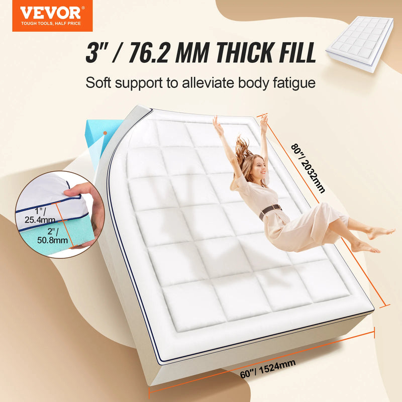 VEVOR Mattress Topper Queen Size 3 in / 4 in Thickness, Memory Foam & Fiber Fill, Ergonomically Designed for Pressure Relief
