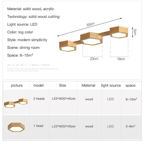 plafonnier en bois design moderne hexagonal avec éclairage LED - vue 5 sur 11