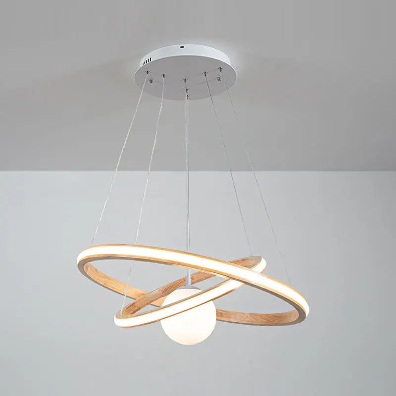 lustre en bois moderne avec anneaux lumineux et verre - vue 5 sur 9