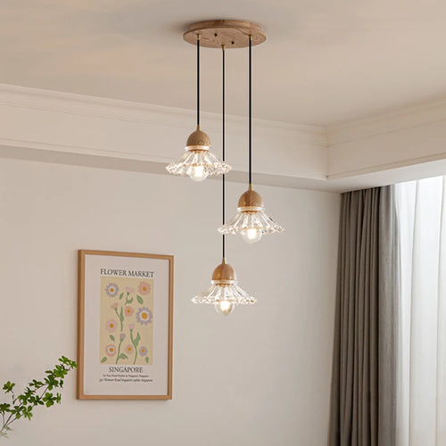 Moderner nordischer LED-Kronleuchter aus Holz und Glas im japanischen Stil - vue 3 sur 10