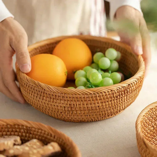 Round Rattan Woven Basket, Wicker Fruit Basket, Bread Food Kitchen Home Decor Organizer, Breadbasket For Kitchen - vue 5 sur 12