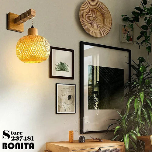 Wandleuchte aus Rattan und Holz im japanischen Stil für die Inneneinrichtung - vue 7 sur 8