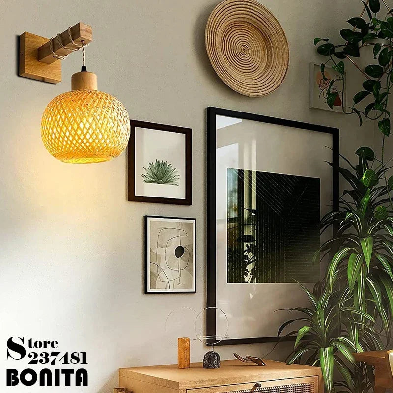 Wandleuchte aus Rattan und Holz im japanischen Stil für die Inneneinrichtung - vue 7 sur 8