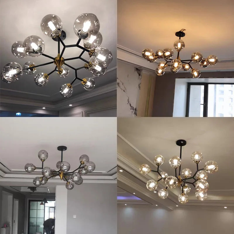 Boule de verre nordique Led plafond lustre noir suspension lumières décor à la maison suspendus Lustres luminaire salon salle à manger chambre - vue 7 sur 14